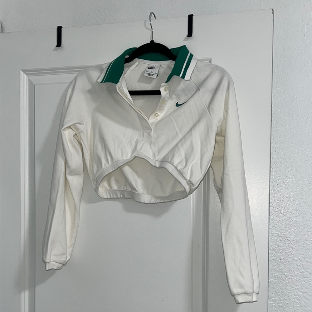 Nike White and Green Cropped Polo Shirt